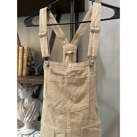Aerie Werk and Play Denim Short Overalls TAN KHAKI Womens Size XS - Picture 4 of 6